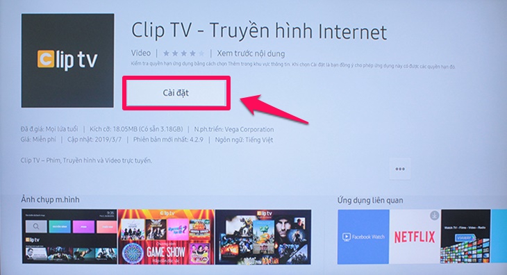 Nhấn vào chữ “Cài đặt” để tải ứng dụng ClipTV
