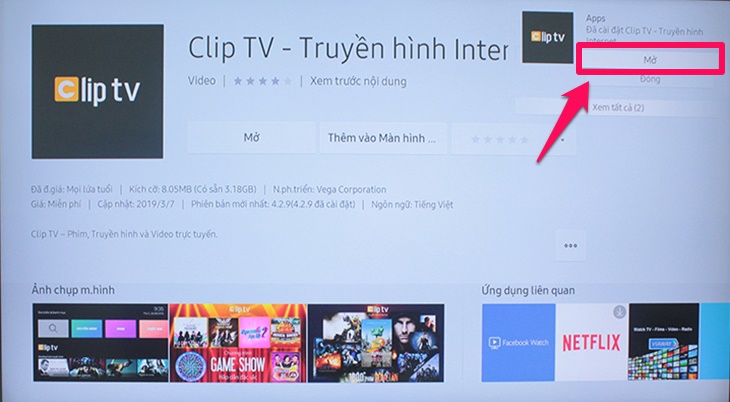 Nhấn vào chữ “Mở” để mở ứng dụng ClipTV.