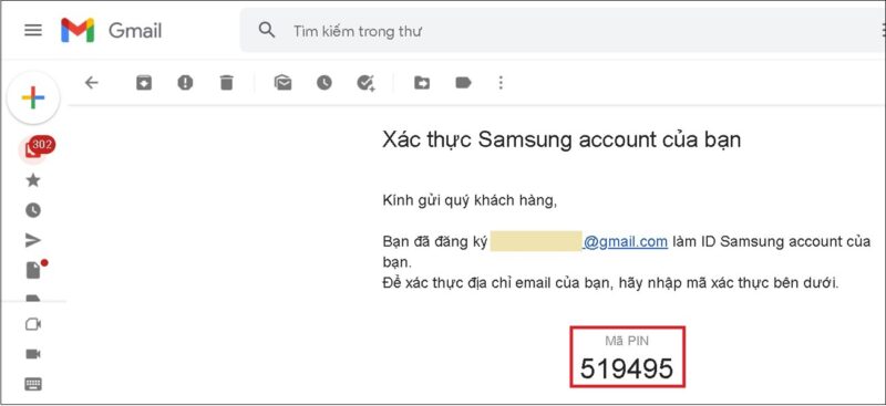 Samsung sẽ gửi mã xác thực về tài khoản Gmail của bạn.