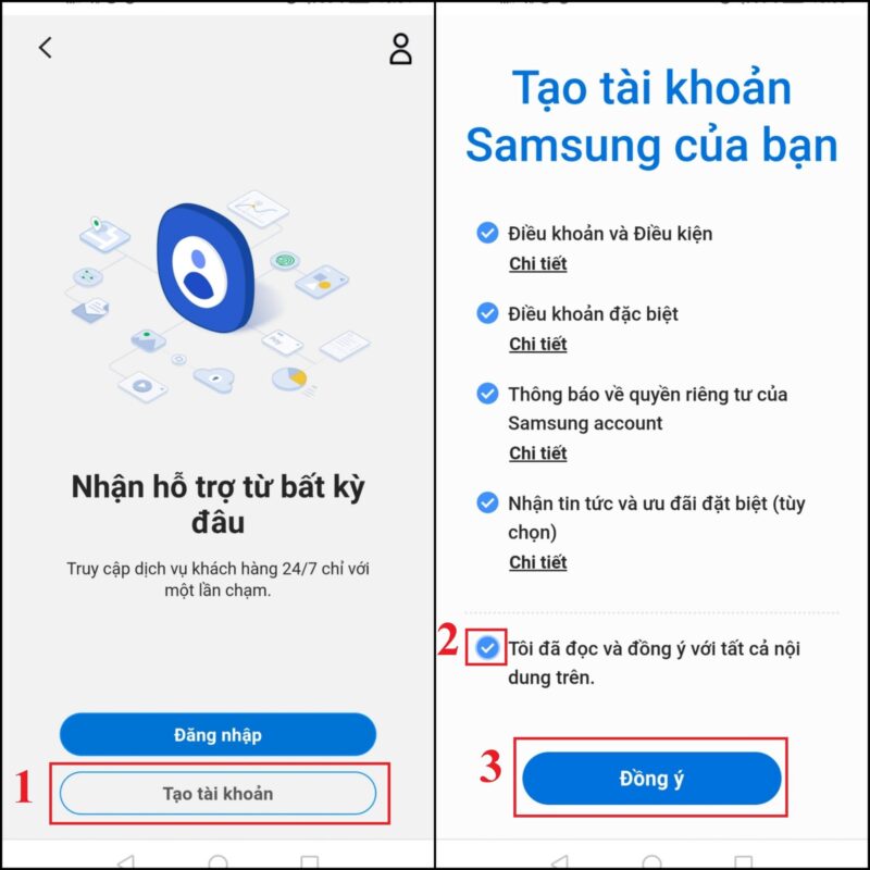 Bạn cũng truy cập trang web Samsung và chọn Tạo tài khoản