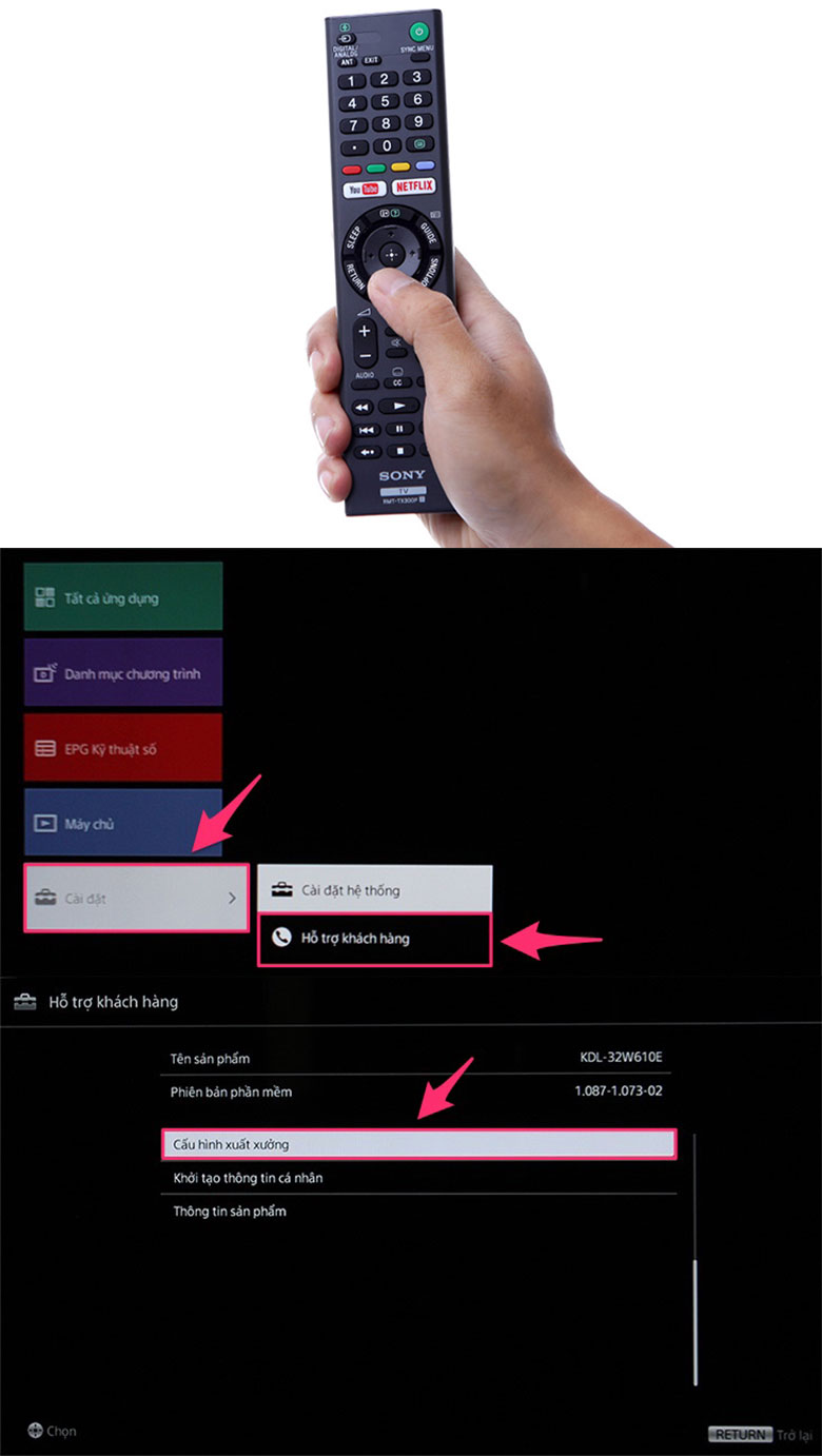 Chọn nút “HOME” trên Remote => Chọn “Cài đặt”.