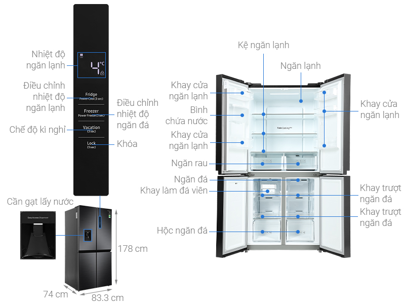 Kích thước tủ lạnh 4 cánh Samsung RF48A4010B4/SV