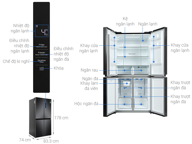 Kích thước tủ lạnh 4 cánh Samsung RF48A4000B4/SV