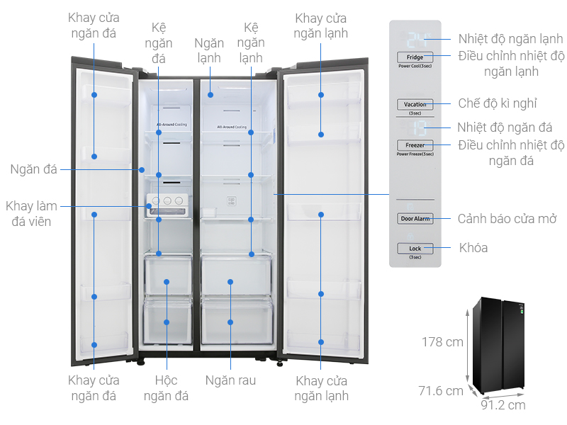 Kích thước tủ lạnh Side by side Samsung RS62R5001B4/SV