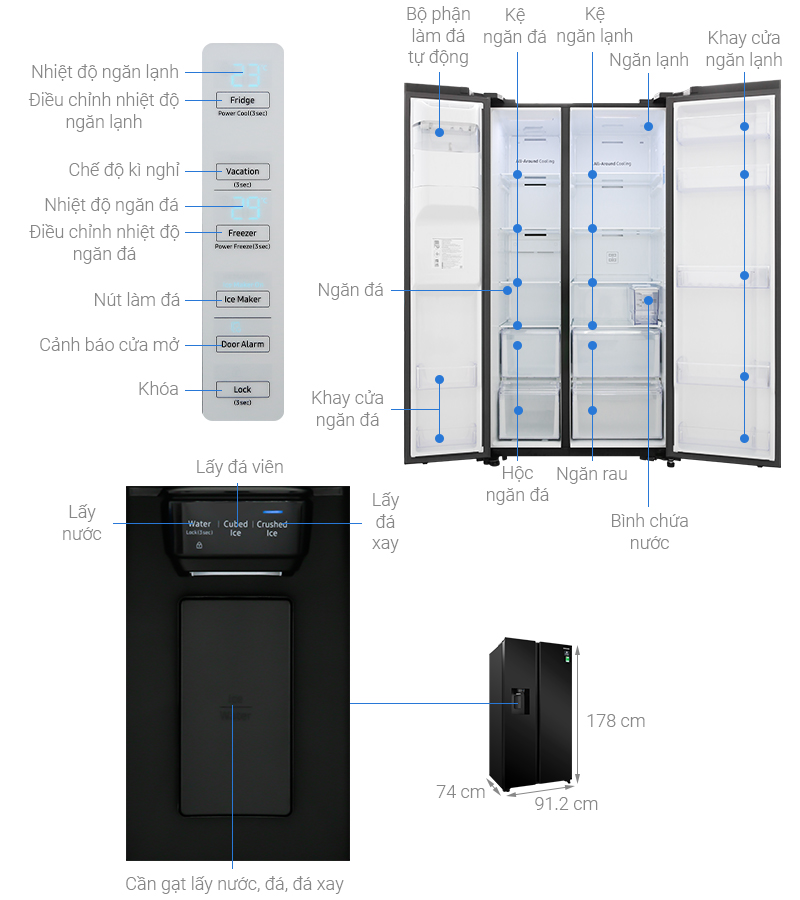 Kích thước tủ lạnh side by side samsung RS64R53012C/SV