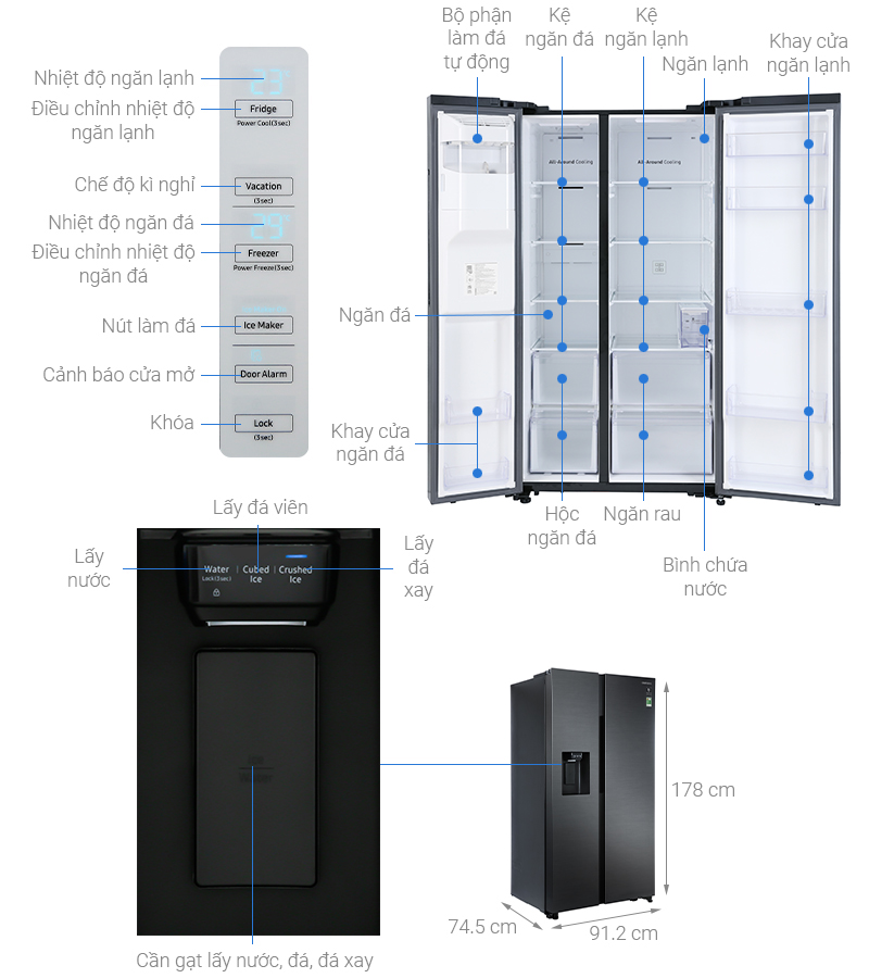 Kích thước tủ lạnh Samsung side by side RS64R5301B4/SV
