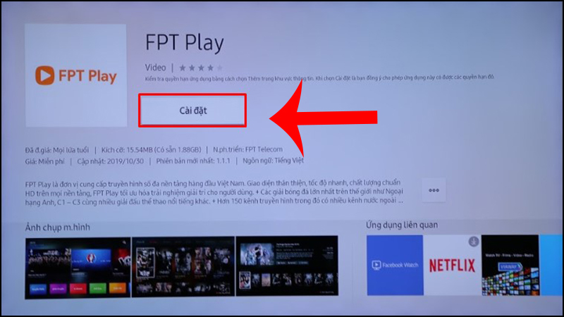 Nhấn vào Cài đặt để tải ứng dụng FPT Play