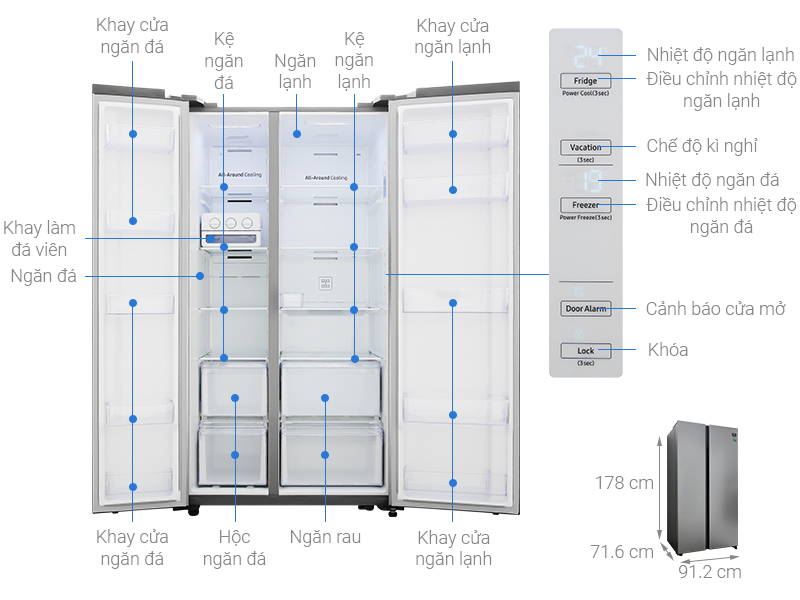 Kích thước tủ lạnh Side by side samsung RS62R5001M9/SV