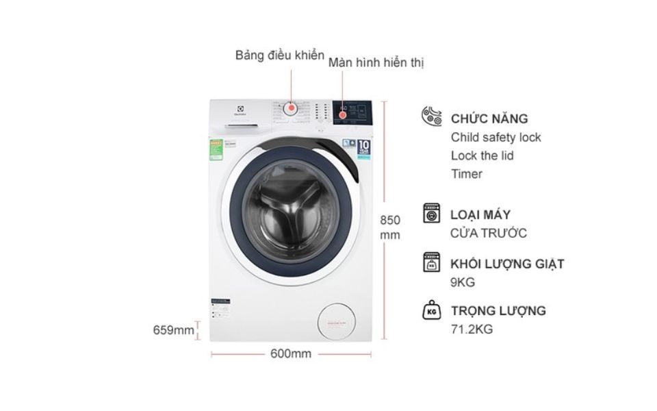 Kích thước máy giặt Electrolux 9kg