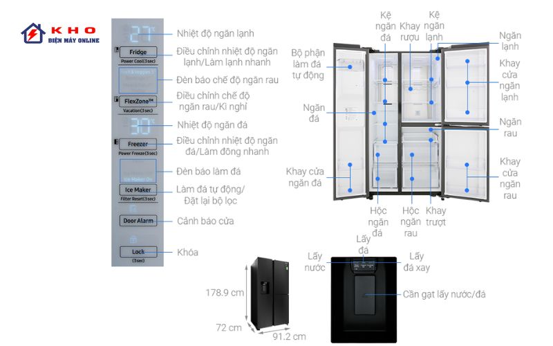 Kích thước tủ lạnh 3 cánh Samsung RS65R5691B4/SV