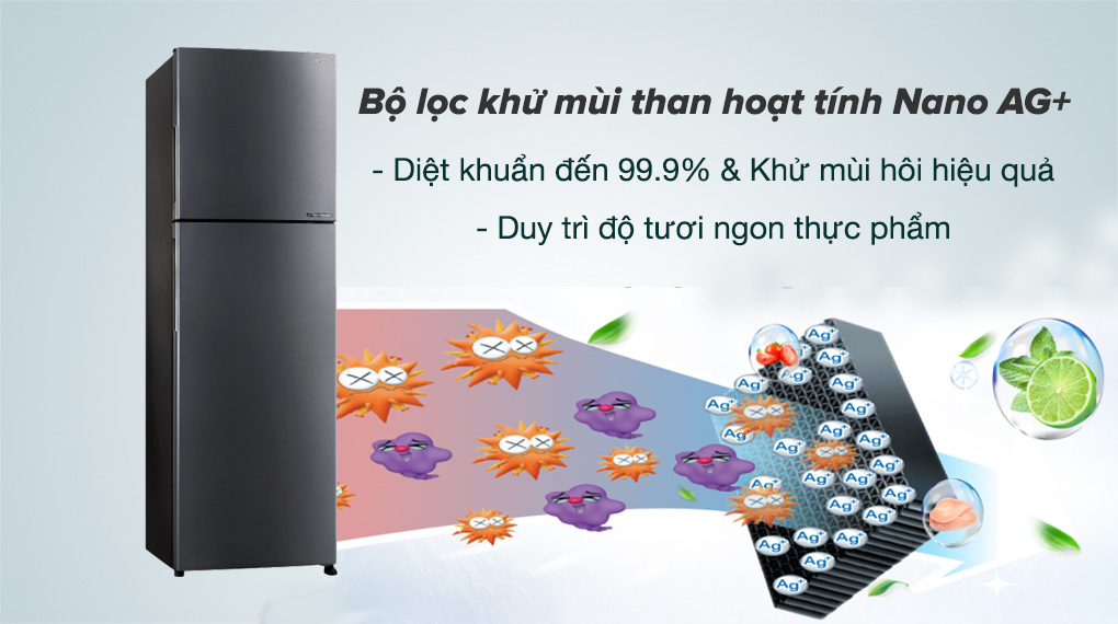 Tủ lạnh Sharp Inverter 253 lít SJ-X282AE-DS-Bộ khử mùi phân tử bạc Nano Ag diệt khuẩn đến 99.99 % và khử mùi hôi hiệu quả, giúp bảo quản thực phẩm tươi ngon đáng kể