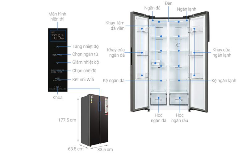 Kích thước tủ lạnh Toshiba Side By Side GR-RS600WI-PMV(37)-SG
