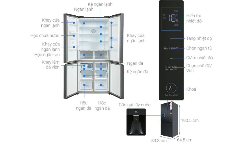 Kích thước tủ lạnh Toshiba MultiDoor 509 lít GR-RF605WI-PMV(06)-MG 