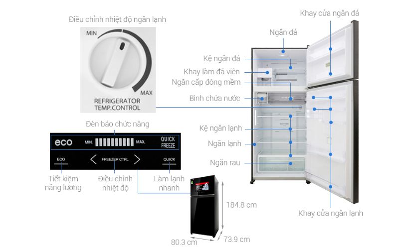 Kích thước tủ lạnh Toshiba 2 cánh 608 lít GR-AG66VA (XK)