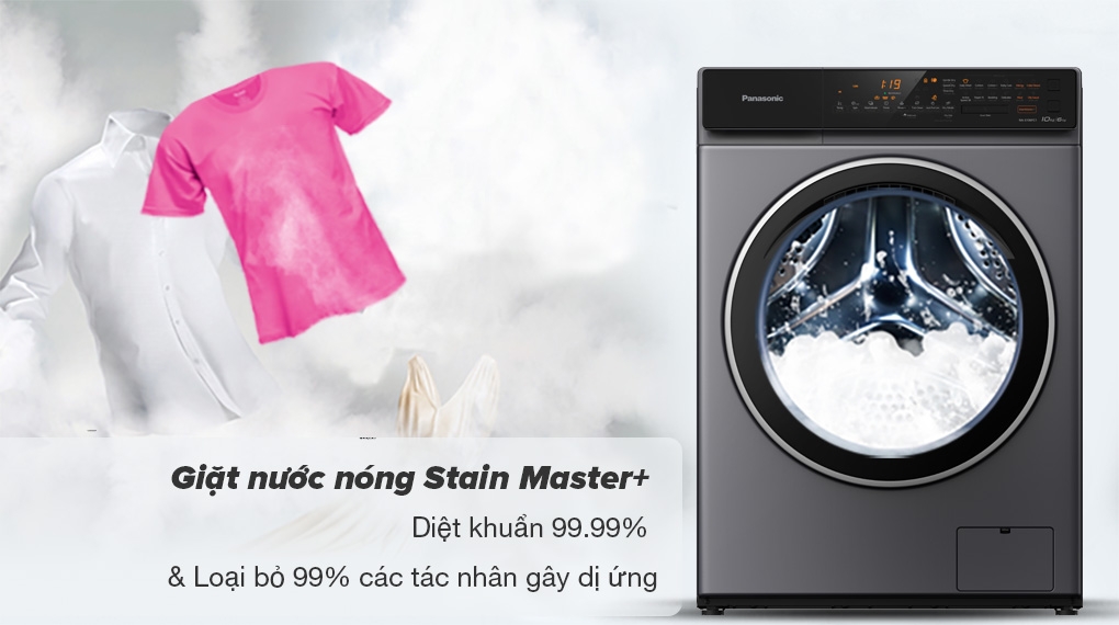 Máy giặt sấy Panasonic Inverter 10 kg NA-S106FC1LV - Công nghệ giặt nước nóng Stain Master diệt khuẩn đến 99.99% và loại bỏ đến 99% các tác nhân gây dị ứng