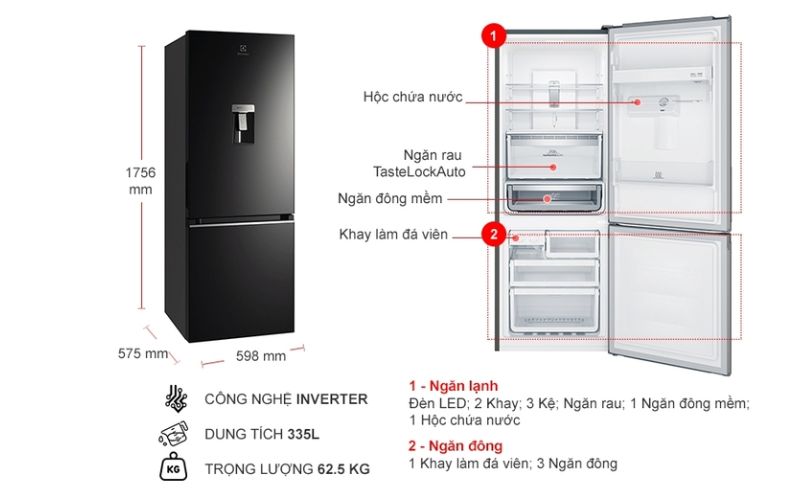 Kích thước tủ lạnh Electrolux ngăn đá dưới