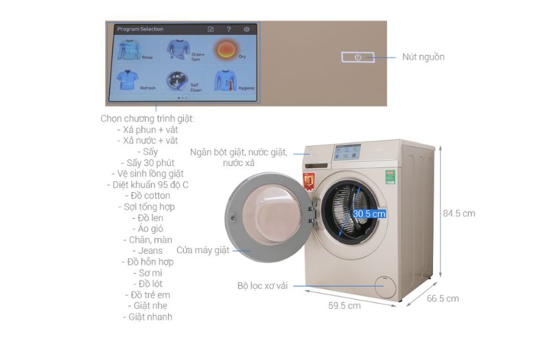 Kích thước máy giặt sấy Aqua 10 kg AQD-AH1000G.PS