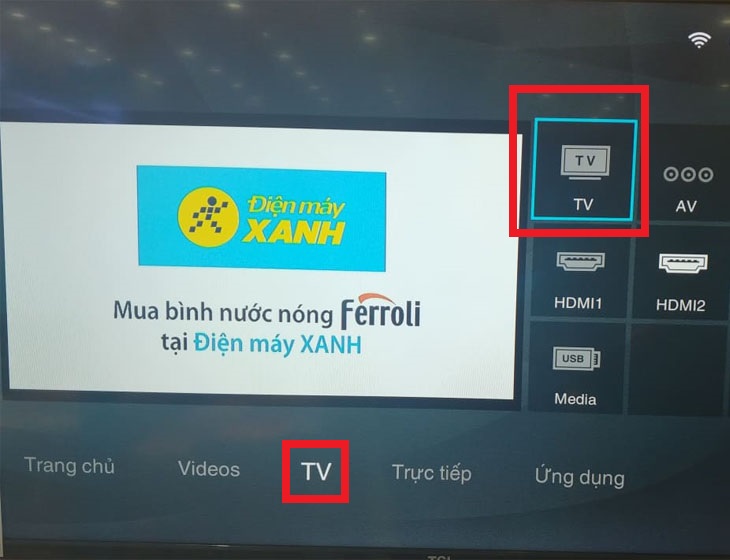 chọn vào biểu tượng TV và nhấn OK