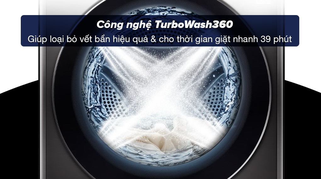 Máy giặt sấy LG Inverter giặt 12 kg - sấy 7 kg FV1412H3BA - Công nghệ TurboWash360 giúp loại bỏ vết bẩn hiệu quả, cho thời gian giặt nhanh chóng khoảng 39 phút