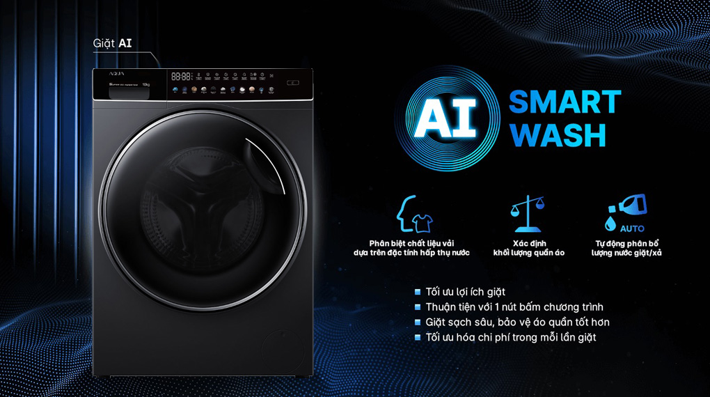 Máy giặt Aqua Inverter 10 kg AQD-DDW1000J BK - Công nghệ AI Smart Wash tối ưu chương trình giặt, tiết kiệm chi phí cho người dùng