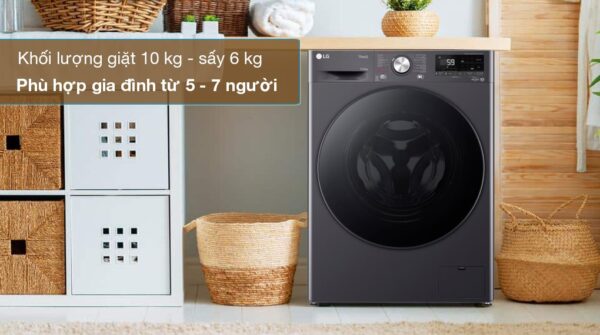 Máy giặt sấy LG Inverter giặt 10 kg - sấy 6 kg FV1410D4M1 - Khối lượng giặt 10kg, sấy 6kg phù hợp gia đình từ 5 - 7 người
