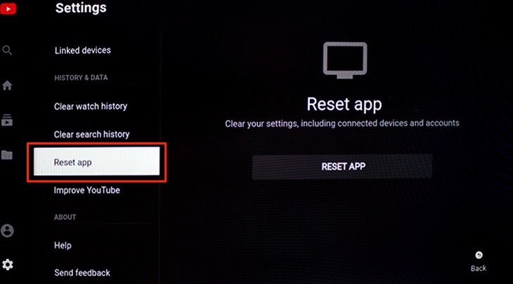 Phần Cài đặt lại trong ứng dụng Youtube trên tivi TCL