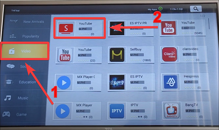 Bạn chọn mục Video. Sau đó, bạn chọn ứng dụng YouTube.