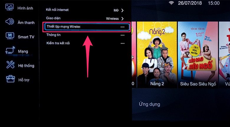 chọn dò trong thiết lập mạng Wireless để tìm và kết nối wifi với tivi TCL