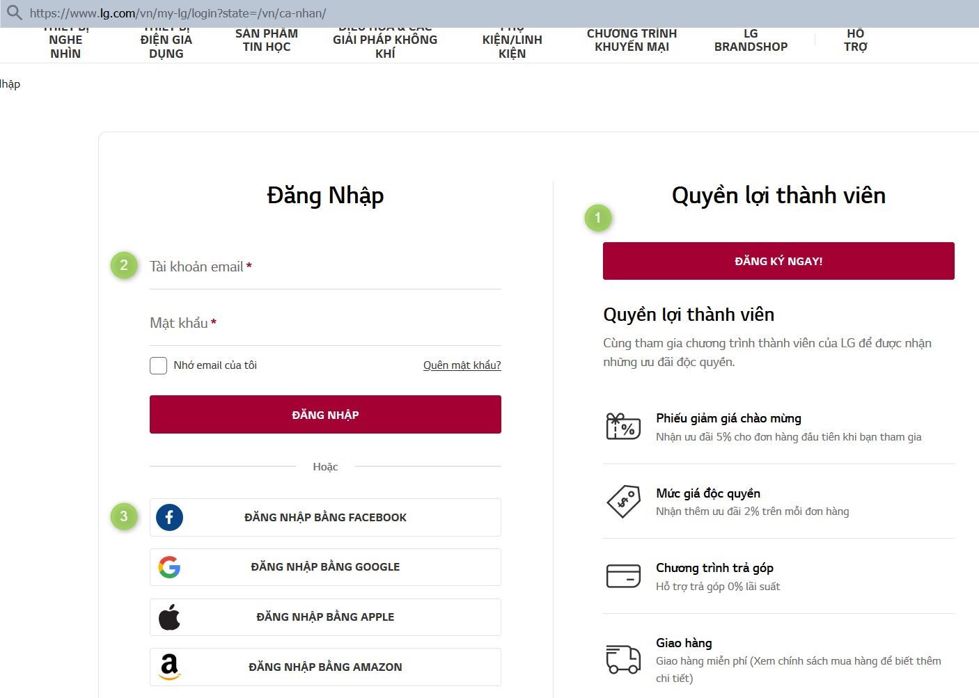 đăng nhập hoặc đăng ký tài khoản mới trên website LG