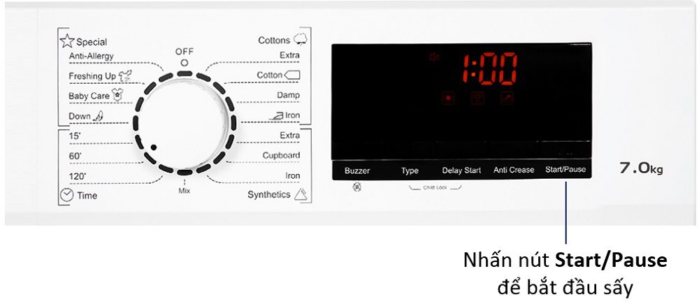 Cách sử dụng máy sấy Galanz 7kg 8kg đầy đủ, chi tiết 3 Nhấn nút Start/Pause để bắt đầu sấy - casch sử dụng máy sấy quần áo Galanz