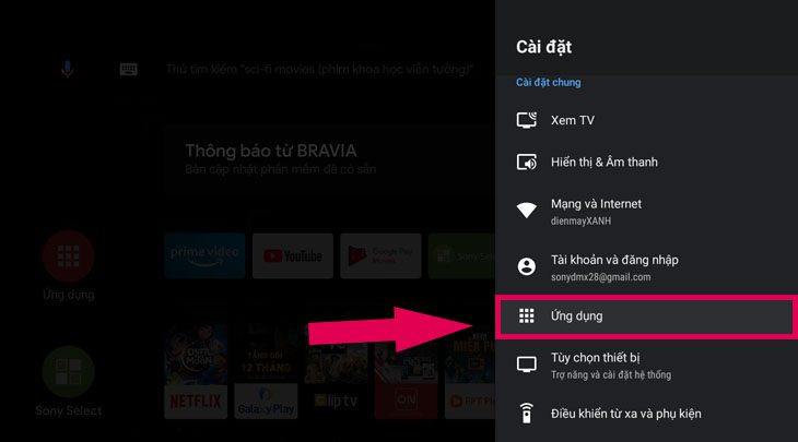 Chọn mục ứng dụng trên tivi Sony