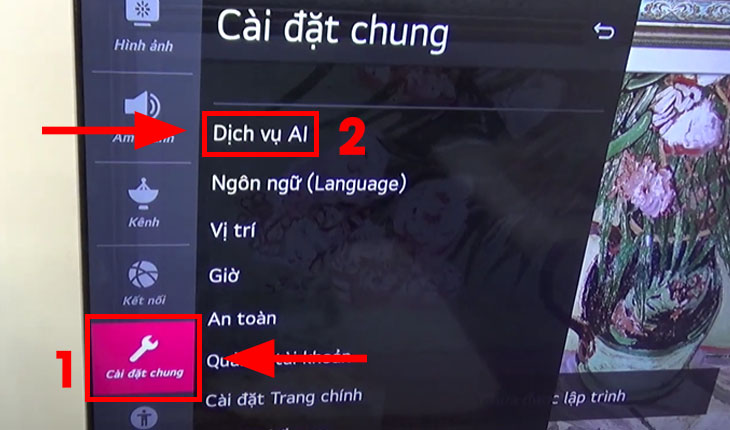 Chọn “Cài đặt chung” (1) -> Chọn “Dịch vụ AI” (2)