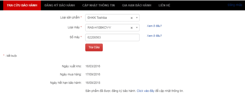 Cách kích hoạt bảo hành điện tử Toshiba và kiểm tra thời hạn bảo hành 2 Kiểm Tra Thông Tin Bảo Hành điều Hoà Toshiba