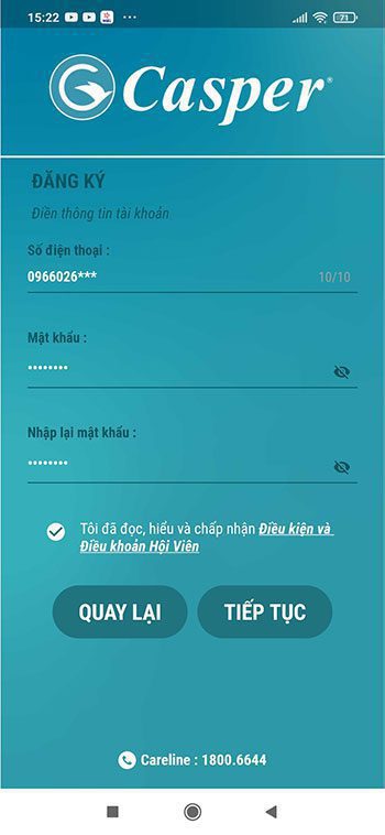 Đăng ký, kích hoạt, kiểm tra bảo hành điện tử Casper 3 Nhập thông tin đăng ký tài khoản Casper