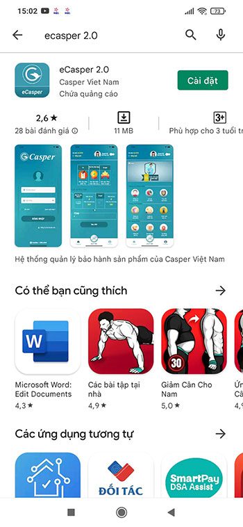 Đăng ký, kích hoạt, kiểm tra bảo hành điện tử Casper 1 Tải ứng dụng eCasper 2.0 từ Google store (Android) hoặc Apple store (iOS)