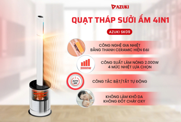 Quạt tháp sưởi ấm AZUKI SK09 2 chiều không cánh 40m2
