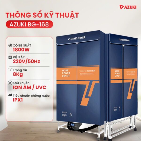 Tủ sấy quần áo AZUKI BG-168 | 1800W, chịu tải 15kg